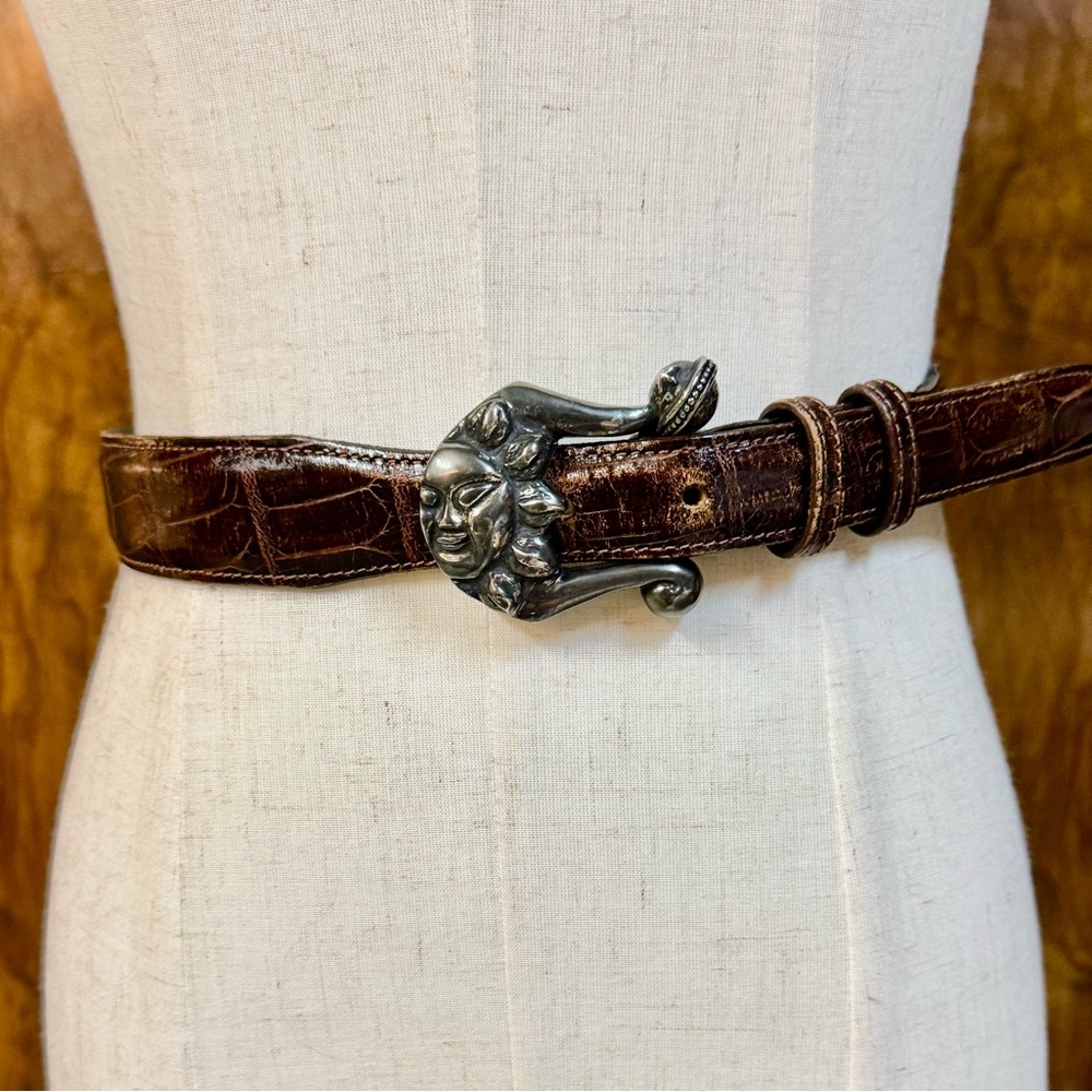 Vintage Vicenza Brown Leather Belt with Artistic Silver Sun Buckle Sz 28
